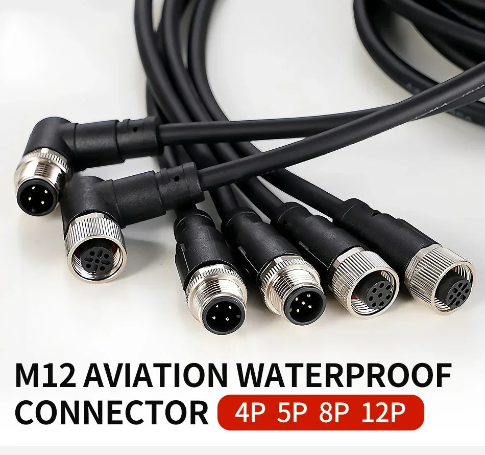 2m M12 Waterproof Sensor Cable, Male & Female Connector, 4/5/8/12 Pin, Integrated Injection Molded for Industrial Automation