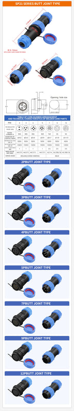 IP68 SP21 Waterproof Aviation Connector Socket with Male and Female Butt, 2/3/4/5/6/7/12 Pins Docks for Industrial Use