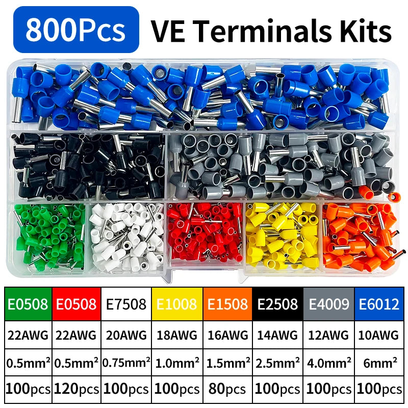 200-1900Pcs E0508/E7508/E1008 Crimp Terminals | Pre-Insulated Ring Connectors for Electrical Wiring & Industrial Use