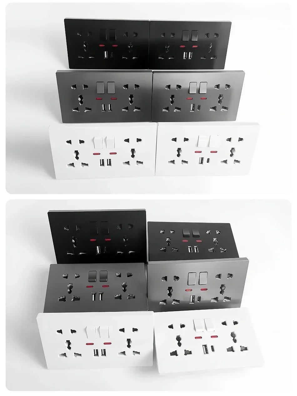 Universal Wall Socket 2‑Gang Power Outlet with Switches, USB‑C Charging Port, LED Indicator, Flush Mount, AC 110‑250V