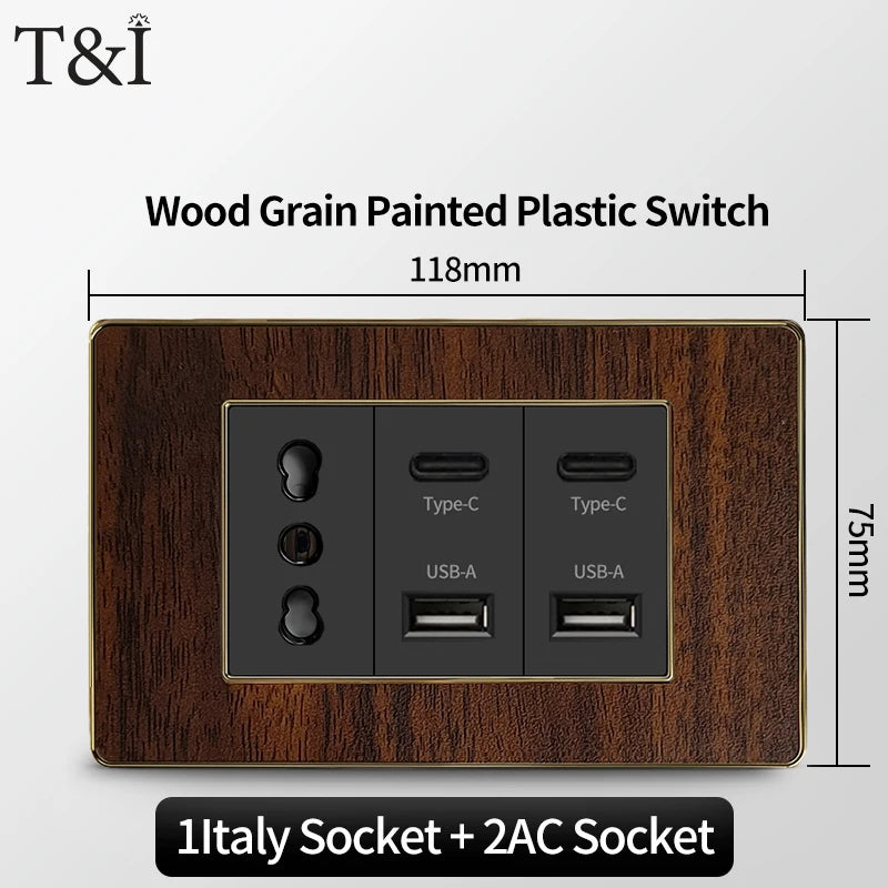 118-Type Retro Wood Grain Wall Plate – Black Plastic Spray-Painted Decorative Panel for Italy Standard Switch & Socket