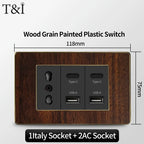 118-Type Retro Wood Grain Wall Plate – Black Plastic Spray-Painted Decorative Panel for Italy Standard Switch & Socket