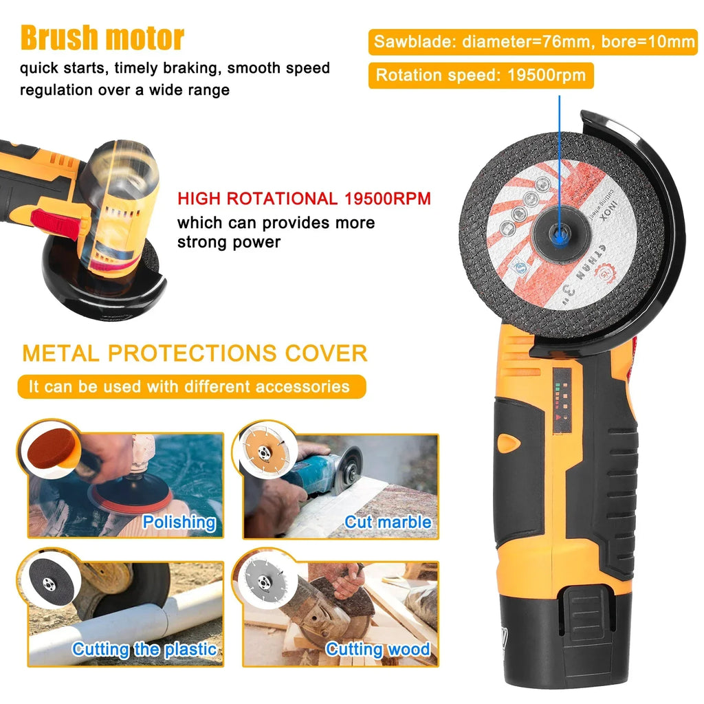 12V Cordless Electric Angle Grinder 19500rpm Lithium Battery Mini Polishing Grinding Machine Diamond Cutting Power Grinder Amagi