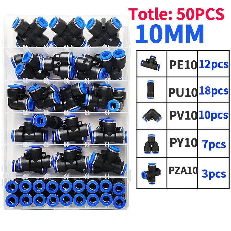 50 PCs/BOx Boxed Pneumatic Fittings PU-10/PE-10/PZA-10/PY-10/PV-10 Quick Release Connectors Kit For 4mm Plastic Hose Couplings