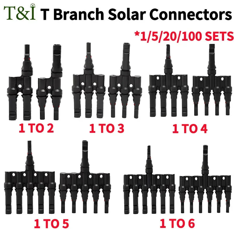 1/5/20/100 Sets PV T Branch Photovoltaic Solar Connector 1000V 30A Male Female 1 To 2/3/4/5/6 PV Plug 2/3/4/5/6IN 1OUT Adapter