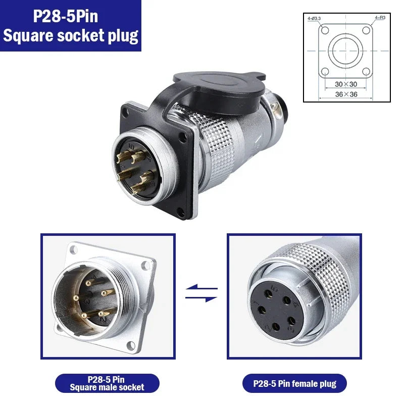P28 Aviation Connector, Square Flange Socket, Male/Female Circular Butt Joint, 2/3/4/5/7/10/12/14/16/19/20/24 Pin, P28K2Q PLS28