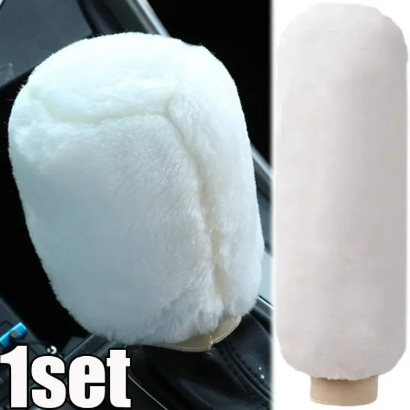 2Pcs Car Handbrake Grip Covers Gear Shift Knob Cover Handle Plush Sleeve Winter Soft Warm Hand Brake Interior Gear Shift Collars