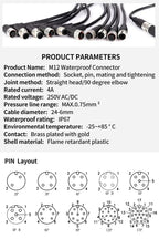 2m M12 Waterproof Sensor Cable, Male & Female Connector, 4/5/8/12 Pin, Integrated Injection Molded for Industrial Automation