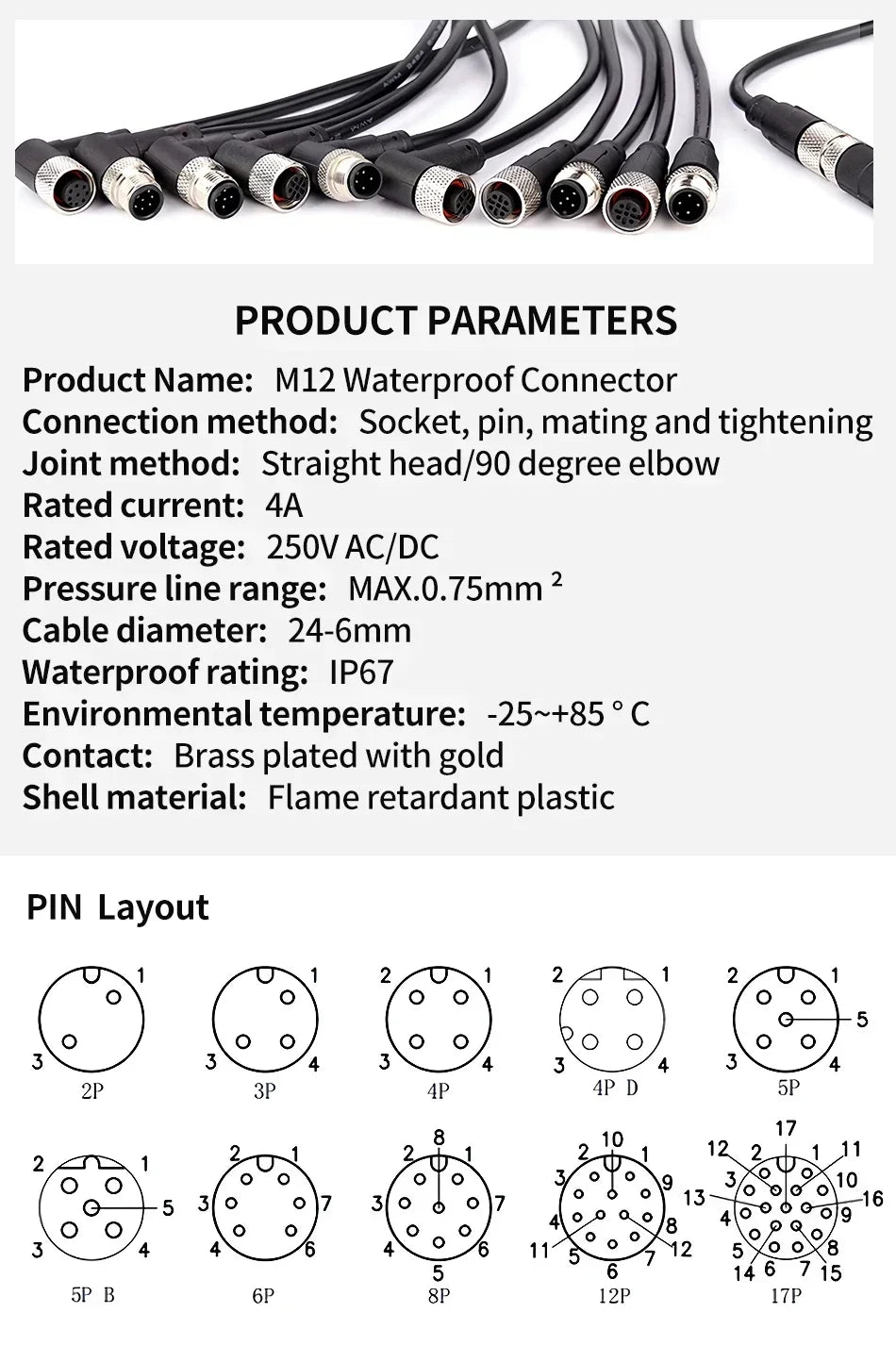 2m M12 Waterproof Sensor Cable, Male & Female Connector, 4/5/8/12 Pin, Integrated Injection Molded for Industrial Automation