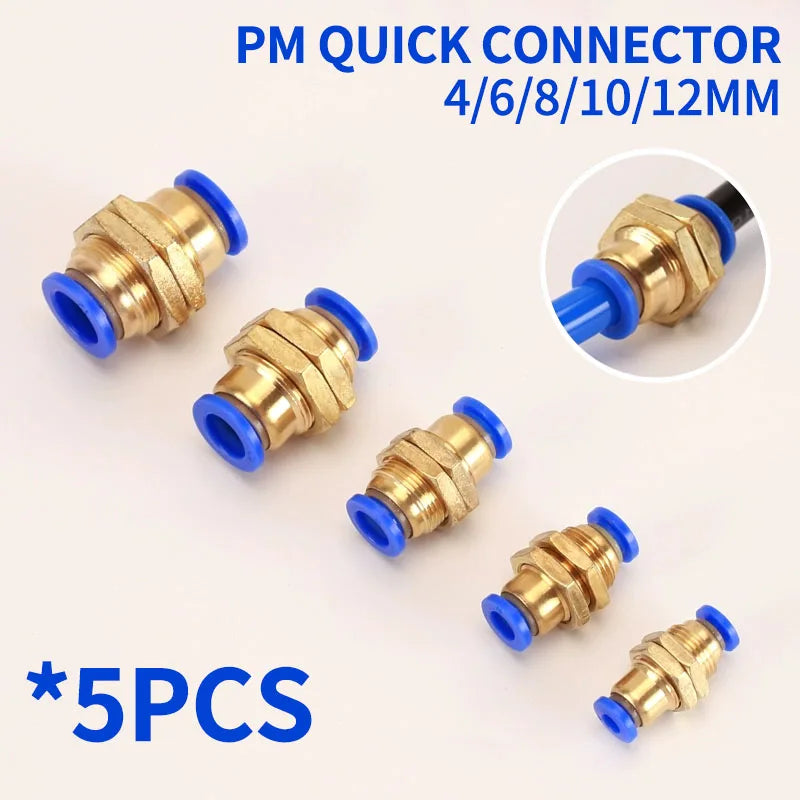 5PCS PM Push to Connect Fittings 4/6/8/10/12mm Bulkhead Union Quick Release Air Connector for 1/8-1/2" Thread Pneumatic Fittings