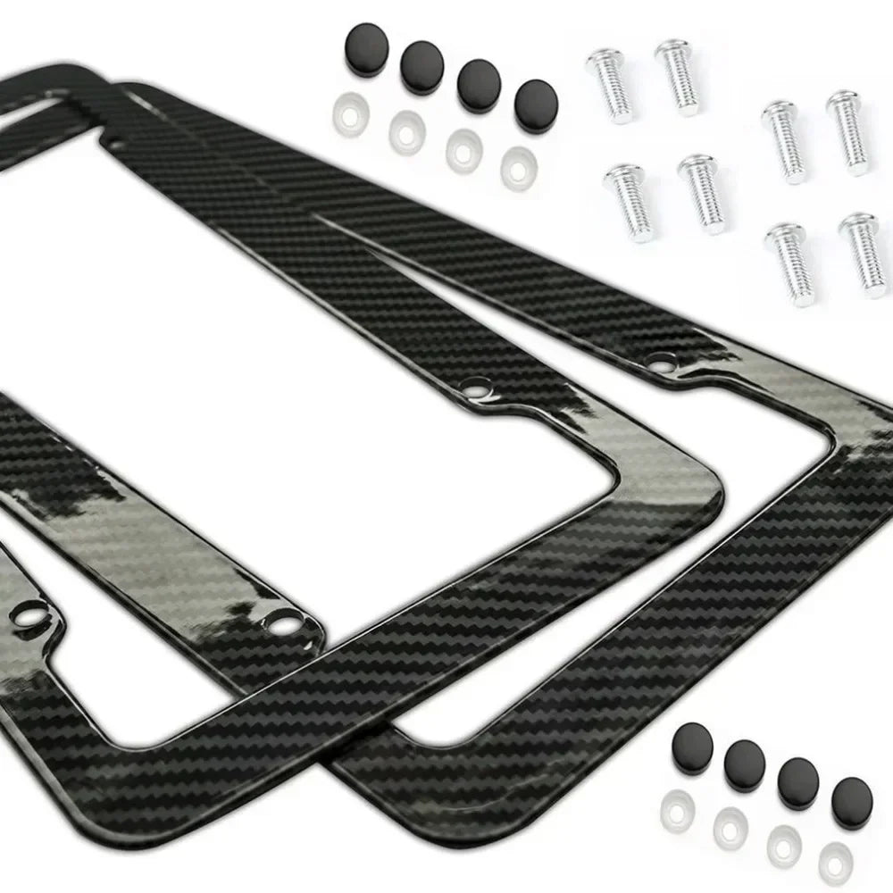 1/2PCS Carbon Fiber Pattern Plastic License Plate Frame Fiber Black Aluminum Metal Car Tag Holder Tire Screw Cap Universal Amagi