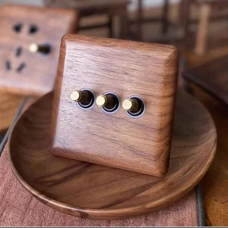 86x86mm Solid Wood Embedded Power Outlet - Childproof EU/RU/FR Socket, Fireproof Vintage Panel for Industrial & Villa Use