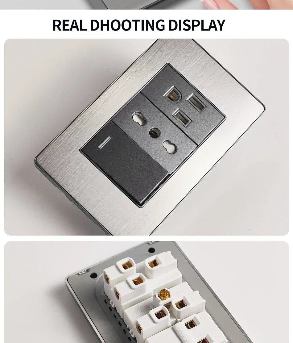 Stainless Steel Wall Socket 118x75mm Italian-Style with USB-C & Schuko Chilean Plug - Brushed Finish for Home/Office