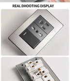 Stainless Steel Wall Socket 118x75mm Italian-Style with USB-C & Schuko Chilean Plug - Brushed Finish for Home/Office
