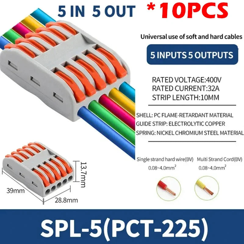 SPL2/3/4/5 Quick Wiring Terminal, PCT Parallel Wire Connector Junction Box, 1‑in 2/3/4/5‑Out Splitter for Lamp/Lighting