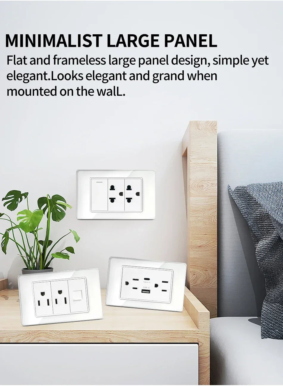 118x75mm Tempered Glass US-Thai Socket: Dual USB-C Ports & 2 AC Outlets for 110V, Scratch-Resistant Panel