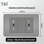 Stainless Steel Wall Socket 118x75mm Italian-Style with USB-C & Schuko Chilean Plug - Brushed Finish for Home/Office