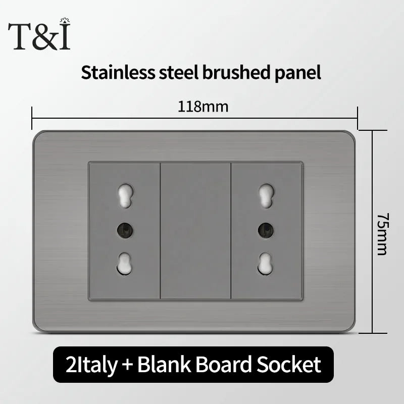 Stainless Steel Wall Socket 118x75mm Italian-Style with USB-C & Schuko Chilean Plug - Brushed Finish for Home/Office