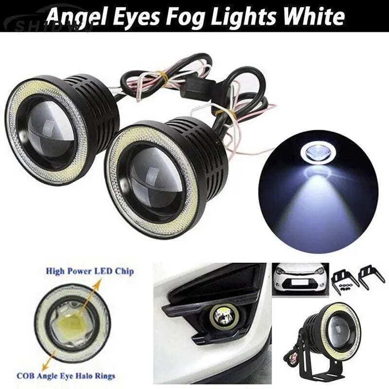 Hot 1Pcs 2.5'' 15W Car White COB LED Projector Angel Eyes Blue Ring DRL Fog Light Lamp