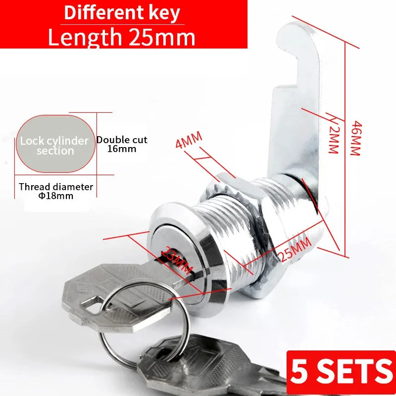 Cabinet Cam Lock Set, 5 Pack Two-Sided Keyed Alike 16MM-30MM Cylinder Cam Locks Secure Mailbox File Drawer Compartment Lock