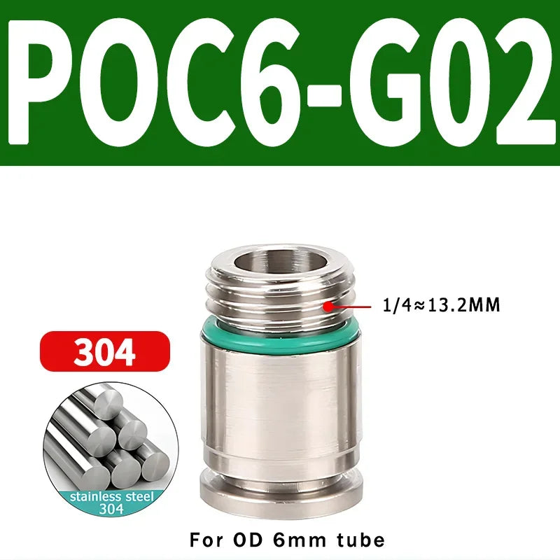 304 Stainless Steel Pneumatic Push-In Fitting POC-G, Internal Hex Quick Connector for Air and Gas Pipe Systems