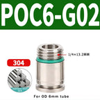304 Stainless Steel Pneumatic Push-In Fitting POC-G, Internal Hex Quick Connector for Air and Gas Pipe Systems