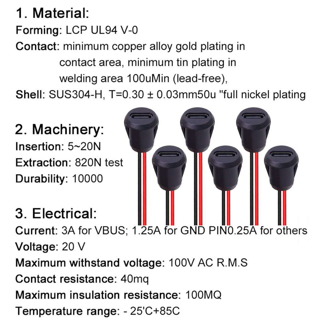 1-20pcs USB Connector Type-C Waterproof with Female Socket 2Pin Fast Charging Jack Charging Port USB-C Charger Plug Socket Tools