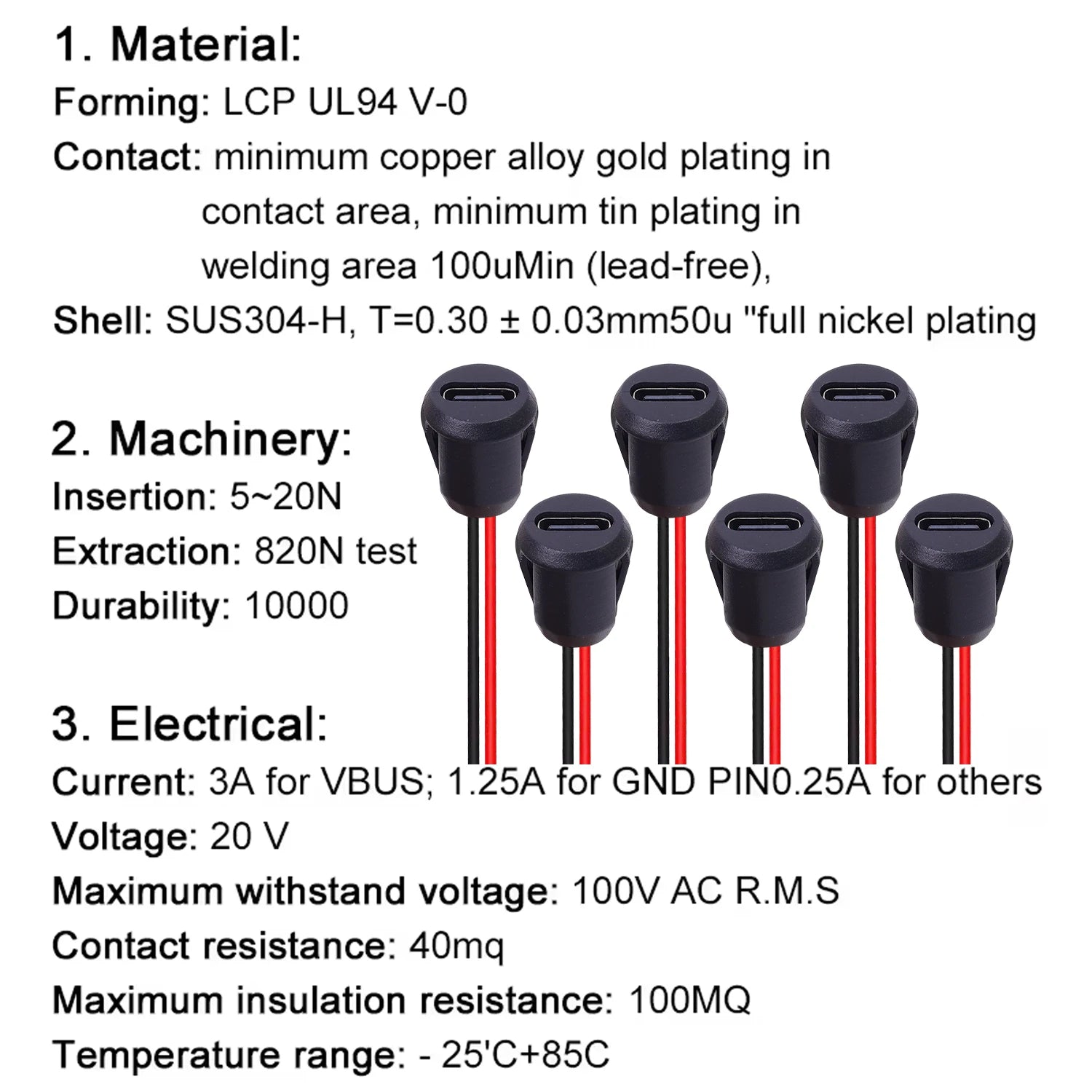 1-20pcs USB Connector Type-C Waterproof with Female Socket 2Pin Fast Charging Jack Charging Port USB-C Charger Plug Socket Tools