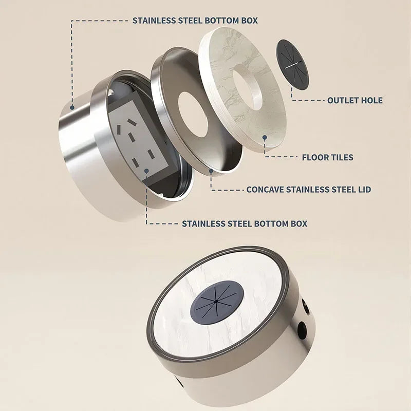 Embedded Hidden Ground Plug Flush Design Stainless Steel Compressive Anti-Rust Anti-Corrosion Home Office Indoor Socket Outlet