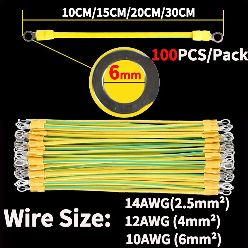 100 PCS Solar Photovoltaic PV Panel Earth Cable BVR 10/12/14 AWG Red Copper Yellow Green Grounding Wire With O Ring Terminal
