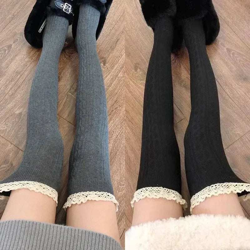 Sweet Lace Thigh High Socks Japanese Style Knitted Long Socks JK Lolita Black White Stockings Women Girls Amagi