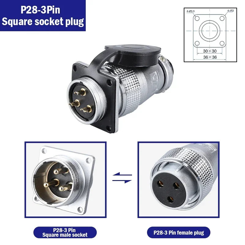 P28 Aviation Connector, Square Flange Socket, Male/Female Circular Butt Joint, 2/3/4/5/7/10/12/14/16/19/20/24 Pin, P28K2Q PLS28