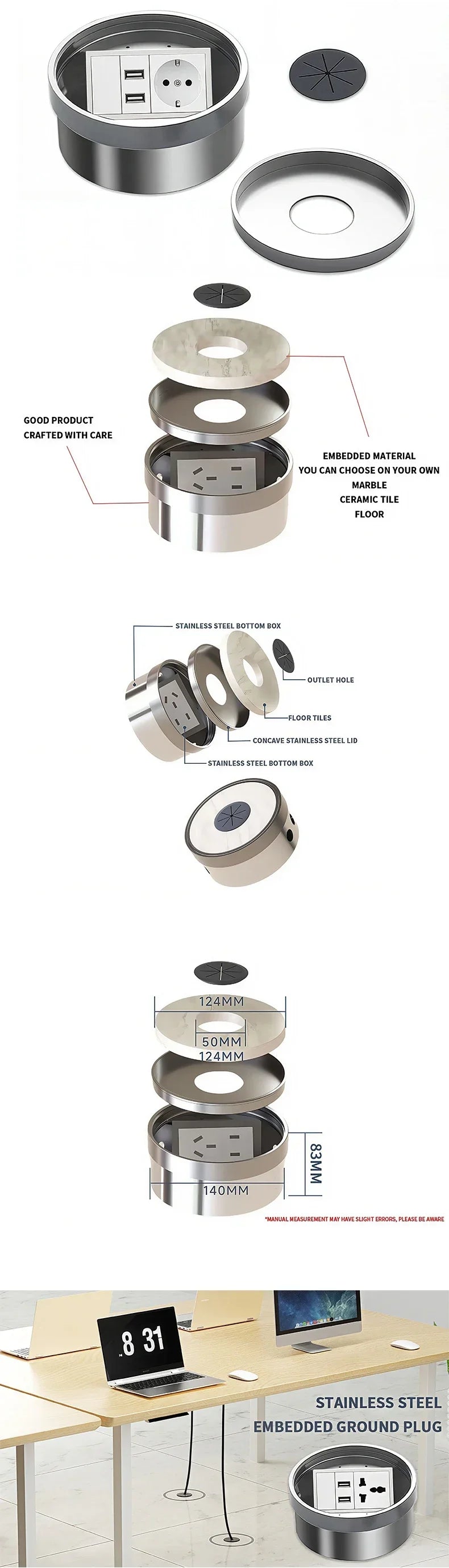 Embedded Hidden Ground Plug Flush Design Stainless Steel Compressive Anti-Rust Anti-Corrosion Home Office Indoor Socket Outlet