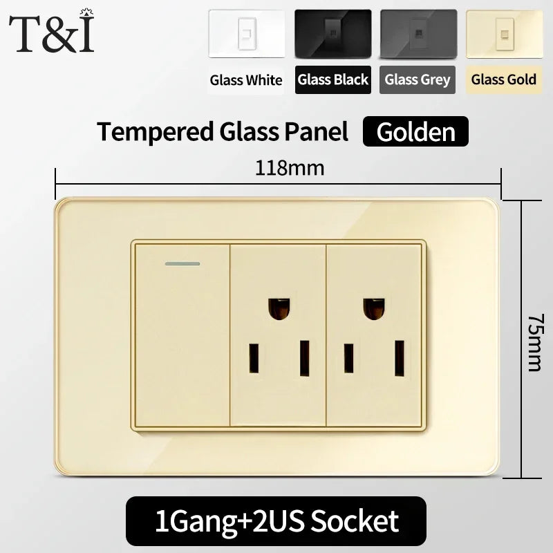 118 Series Glass Panel Wall Switch Socket, US Mexico Standard, USB and Type-C Charging Ports, 1/2/3/4 Gang Options