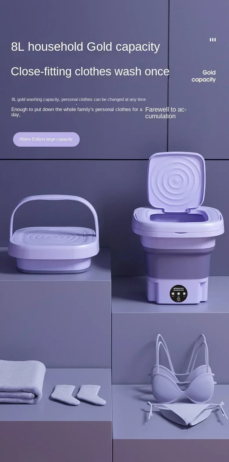 8L Portable Small Foldable Washing Machine with Spin Dryer For Socks Underwear Panties Washer Household Mini Machine Amagi