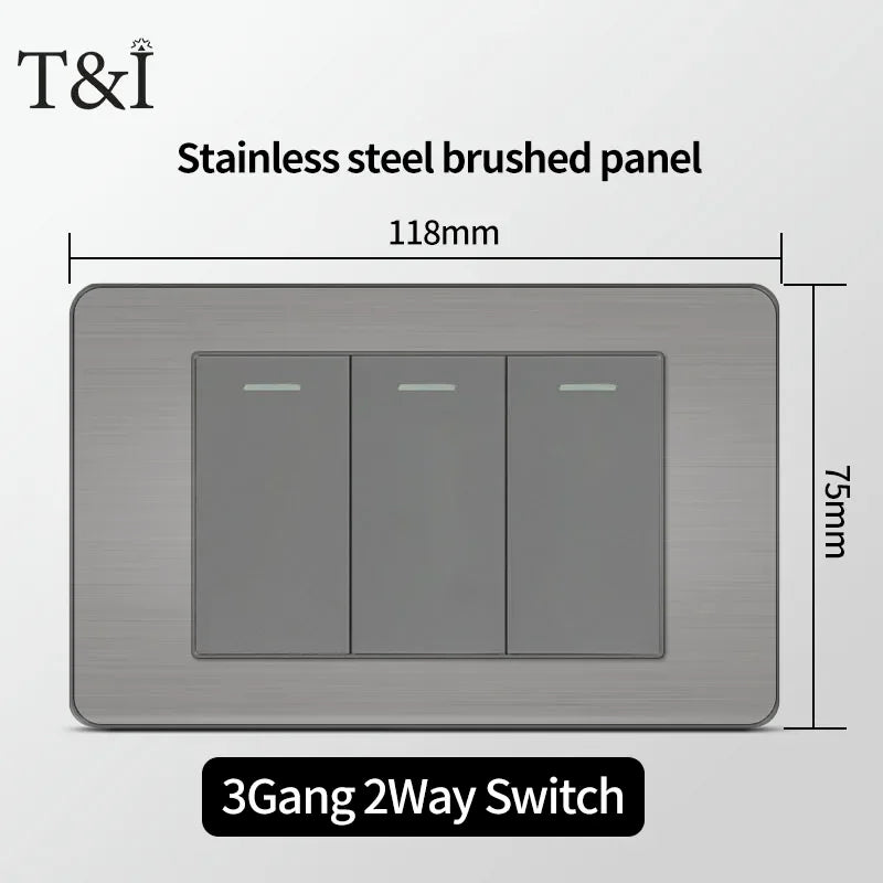 Stainless Steel Wall Socket 118x75mm Italian-Style with USB-C & Schuko Chilean Plug - Brushed Finish for Home/Office