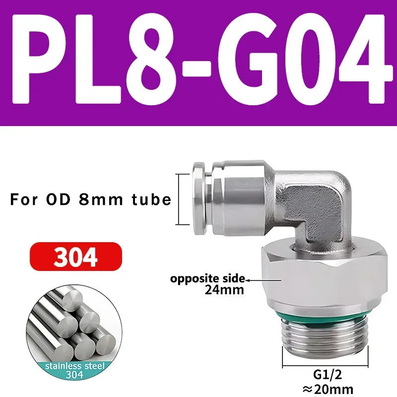 10/50/200PCS PL-G 304 Stainless Steel Trachea Quick Coupling Joint 1/8" 1/4" 3/8" 1/2" External G Thread Elbow Pneumatic Fitting