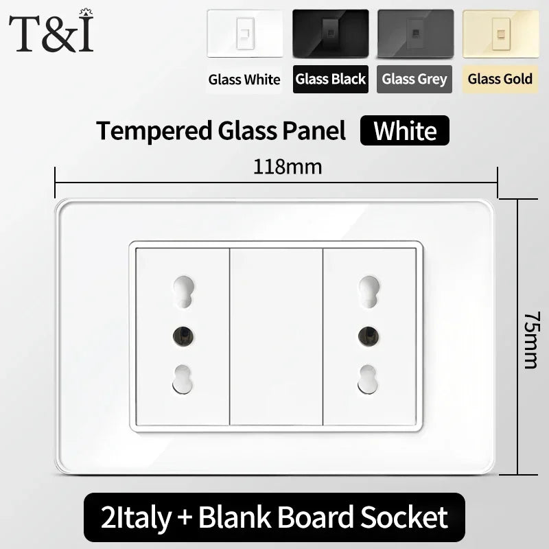 118x75mm Type-C Fast Charging Wall Socket Italy & Chile Schuko Outlet - Tempered Glass Panel Modern Design -Type Switch