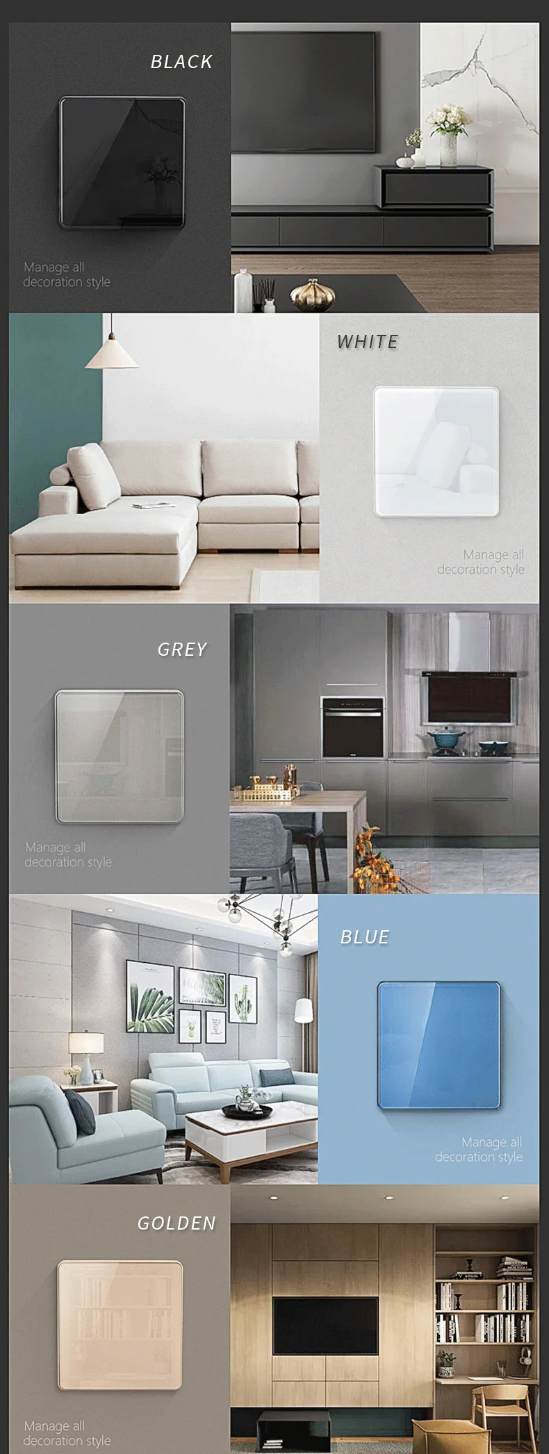 EU Russia France UK Socket AC Panel 86 Wall Switch Toggle Press Light Switch On/Off Crystal Tempered Glass Panel Wall Outlet