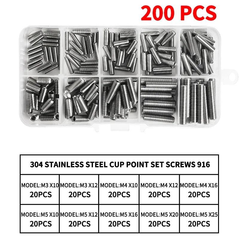 304 Stainless Steel Grub Screws Assortment Kit, Hex Socket Cup Point Set Screws with Allen Key,M3–M10 DIN916 Precision Fasteners