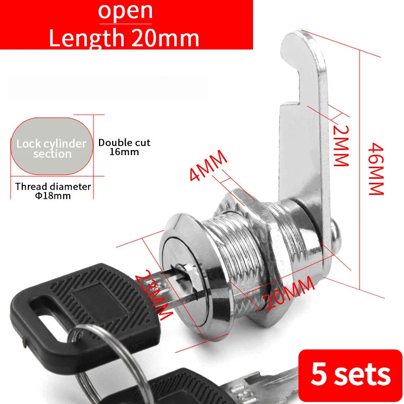Cabinet Cam Lock Set, 5 Pack Two-Sided Keyed Alike 16MM-30MM Cylinder Cam Locks Secure Mailbox File Drawer Compartment Lock