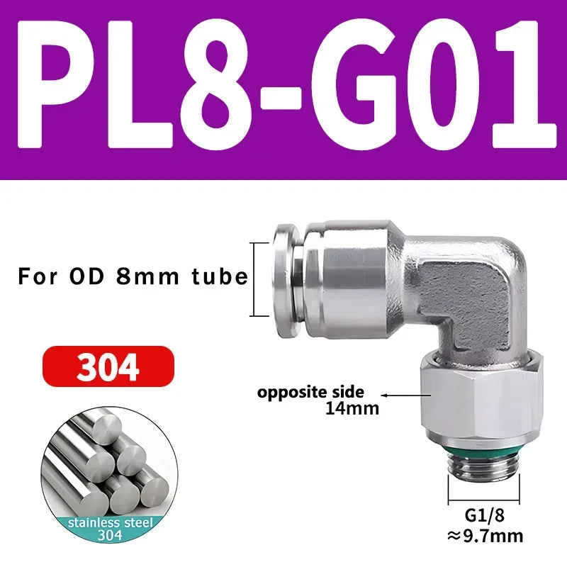 10/50/200PCS PL-G 304 Stainless Steel Trachea Quick Coupling Joint 1/8" 1/4" 3/8" 1/2" External G Thread Elbow Pneumatic Fitting