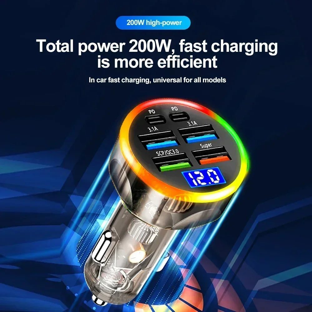 200W Car Charger 6 Ports Fast Charging with Digital Display PD QC3.0 USB C Quick Charging Adapter for IPhone Samsung Xiaomi Amag