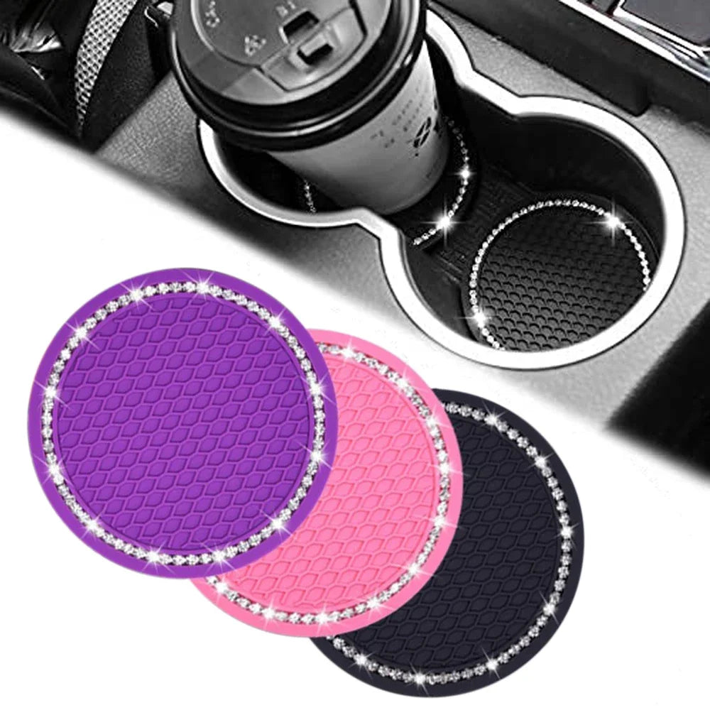 2pcs Cute Bling Car Cup Holder Coaster Mat with Rhinestone for Women Girl Universal Anti Slip Automotive Interior Amagi