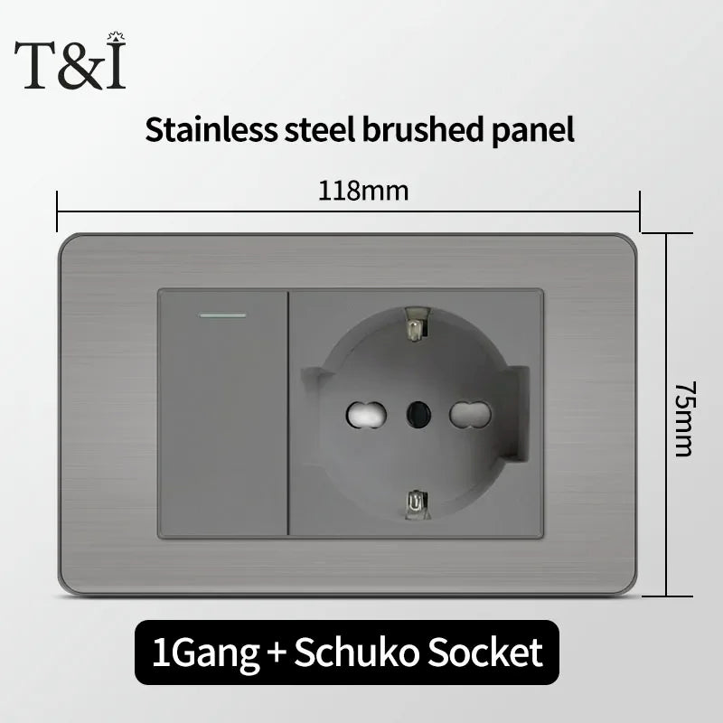 Stainless Steel Wall Socket 118x75mm Italian-Style with USB-C & Schuko Chilean Plug - Brushed Finish for Home/Office