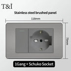 Stainless Steel Wall Socket 118x75mm Italian-Style with USB-C & Schuko Chilean Plug - Brushed Finish for Home/Office