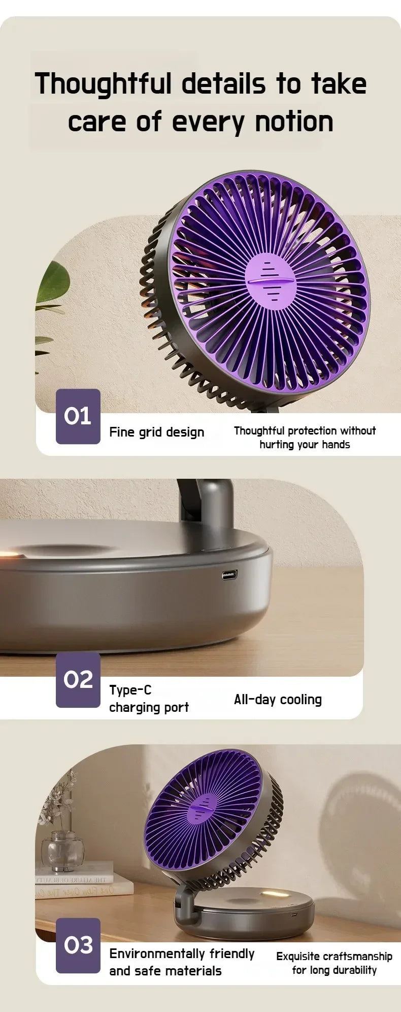 Foldable Desktop Fan Mini Wall-Mounted Car With Warm Night Light Rechargeable 4 Gears Adjustable Portable Air Circulation Amagi