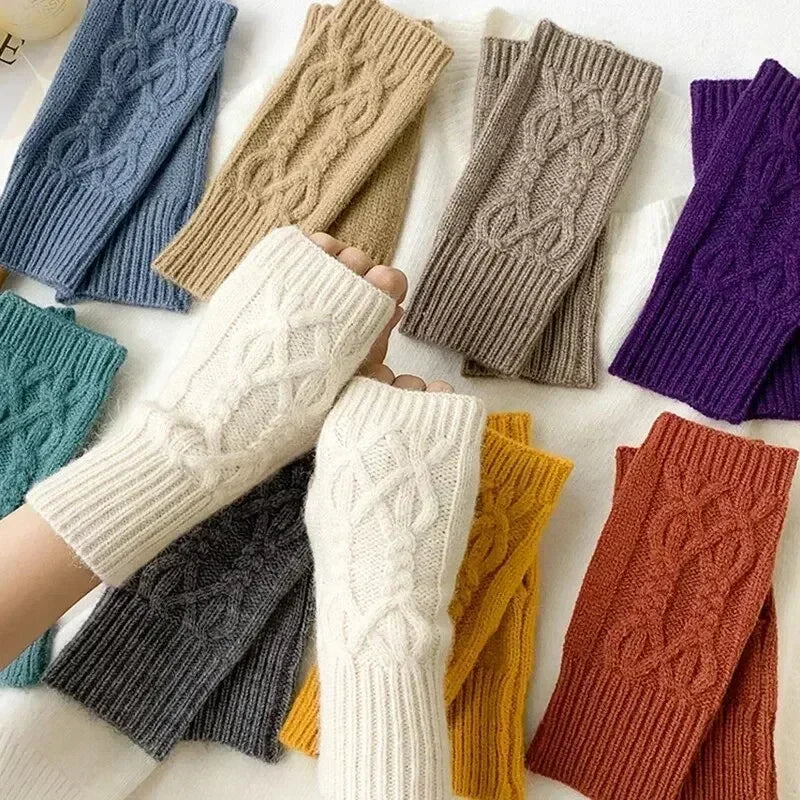 Men Women Stretch Acrylic Knit Stripe Fingerless Mitten Student Couple Winter Warm Twist Flower Half Finger Solid Glove Amagi