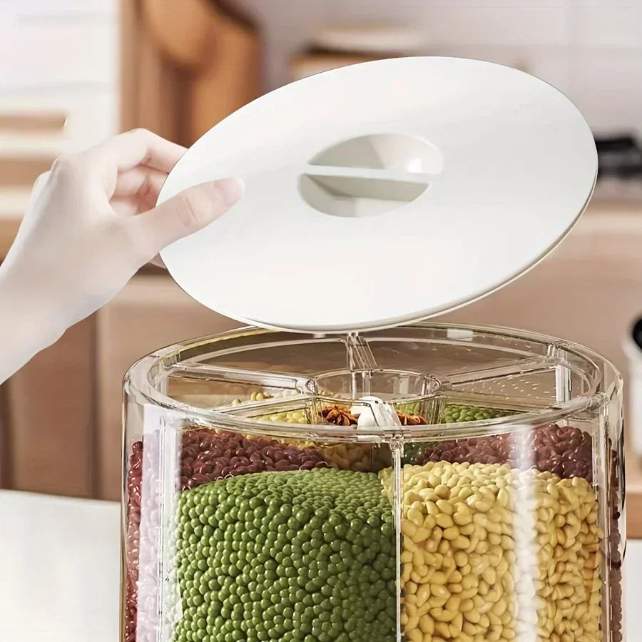 6-Compartment 360° Rotating Airtight Food Storage Container - Moisture-Proof for Cereal, Candy, Rice - Kitchen Pantry Organizer