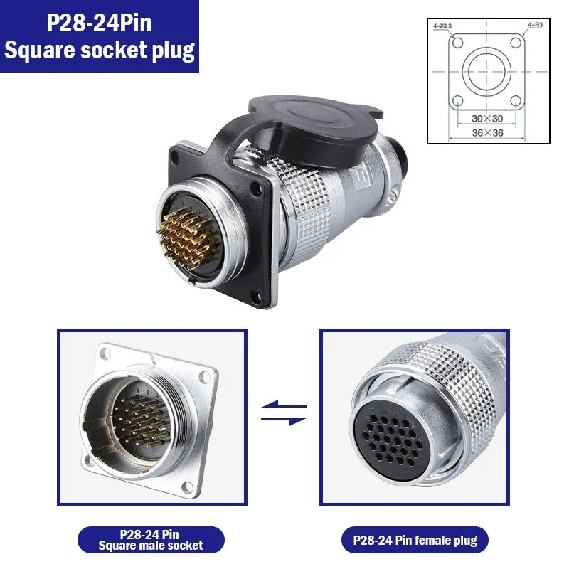 P28 Aviation Connector, Square Flange Socket, Male/Female Circular Butt Joint, 2/3/4/5/7/10/12/14/16/19/20/24 Pin, P28K2Q PLS28